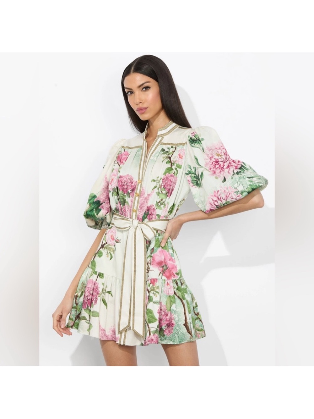Alice + Olivia Rose Whisper Floral Puff-Sleeve Mini Dress in Pink, Green & Cream